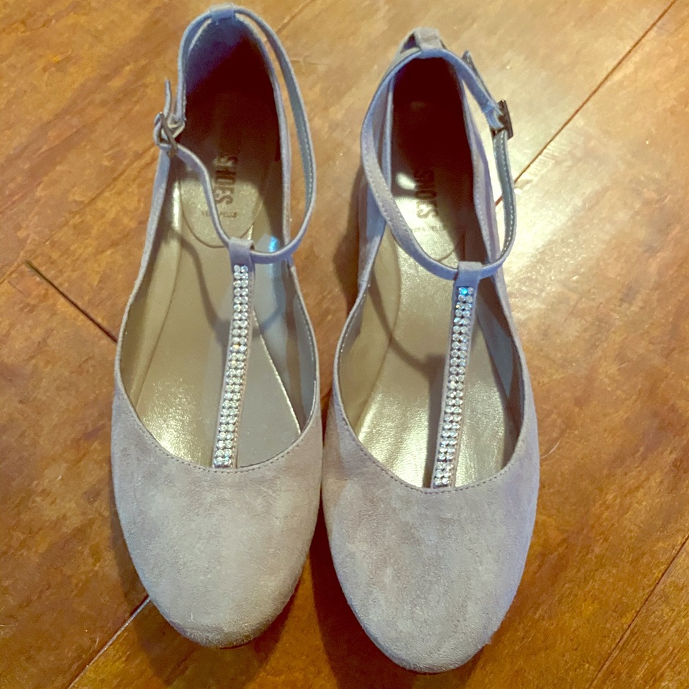 Grey suede tstrap ballet flats